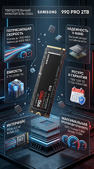 SSD Samsung 990 PRO, 2 ТБ, M.2 (22×80 мм), NVMe 2.0, PCIe 4.0, V-NAND TLC, R/W 7450/6900 МБ/с, DRAM buffer 2048 МБ, TBW 1200 ТБ
