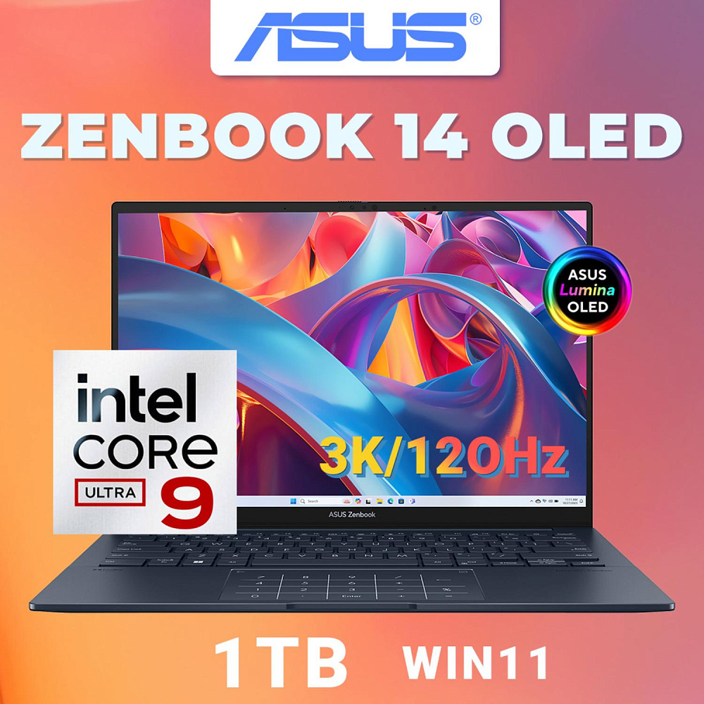 Ноутбук ASUS Zenbook 14 OLED Ponder Blue UX3405MA-PP898 (90NB11R1-M01K50), Intel Core Ultra 9 185H, 16 ГБ LPDDR5X, 14" 3K OLED 120Hz, 1 TB SSD PCIe GEN4, WINDOWS 11 PRO, КЛАВИАТУРА RU/US, гарантия 1 год