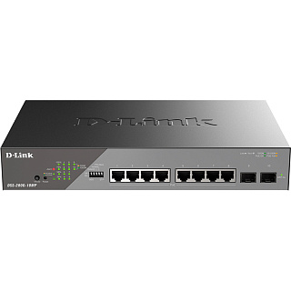 Коммутатор D-Link DSS-200G-10MP смарт L2 для видеонаблюдения, 8 портов PoE 1 Гбит/с, 2 SFP, 130 Вт