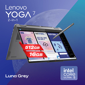 Ноутбук-трансформер Lenovo Yoga 7 2-in-1 14ILL10 83JQ003GRK Luna Grey, 14" WUXGA OLED 60Hz Touch + Lenovo Yoga Pen, Intel Core Ultra 5 226V, Intel Arc 130V, 16 GB LPDDR5x-8533, SSD 512GB G4, БЕЗ ОС, КЛАВИАТУРА RU/US, гарантия 1 год