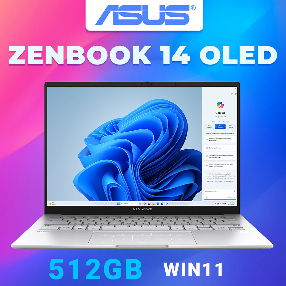 Ноутбук ASUS Zenbook 14 OLED Foggy Silver UX3405MA-QD988 (90NB11R2-M01SN0), Intel Core Ultra 5 125H, 16 ГБ LPDDR5X, 14" Full HD+ OLED, 512 GB SSD PCIe GEN4, WINDOWS 11 PRO, КЛАВИАТУРА RU/US, гарантия 1 год, ЧЕХОЛ В ПОДАРОК!