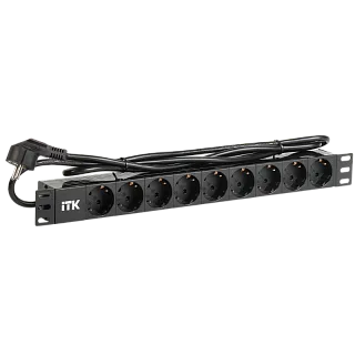 Блок розеток ITK PH22-9D1 для стойки 1U, 9 розеток Schuko, шнур 2 м с вилкой Schuko, алюминий, чёрный