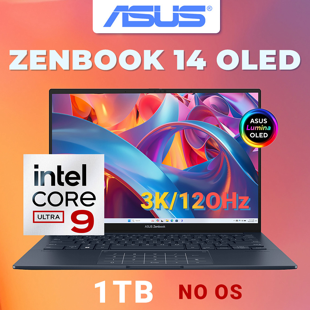Ноутбук ASUS Zenbook 14 OLED Ponder Blue UX3405MA-PP898 (90NB11R1-M01K50), Intel Core Ultra 9 185H, 16 ГБ LPDDR5X, 14" 3K OLED 120Hz, 1 TB SSD PCIe GEN4, NO OS, КЛАВИАТУРА RU/US, гарантия 1 год
