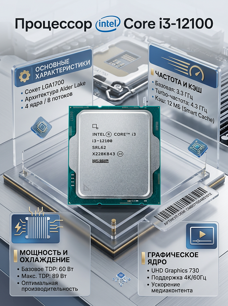 Процессор Intel Core i3-12100, LGA1700, OEM, 4 ядра, 8 потоков, до 4.3 ГГц, Intel UHD Graphics 730