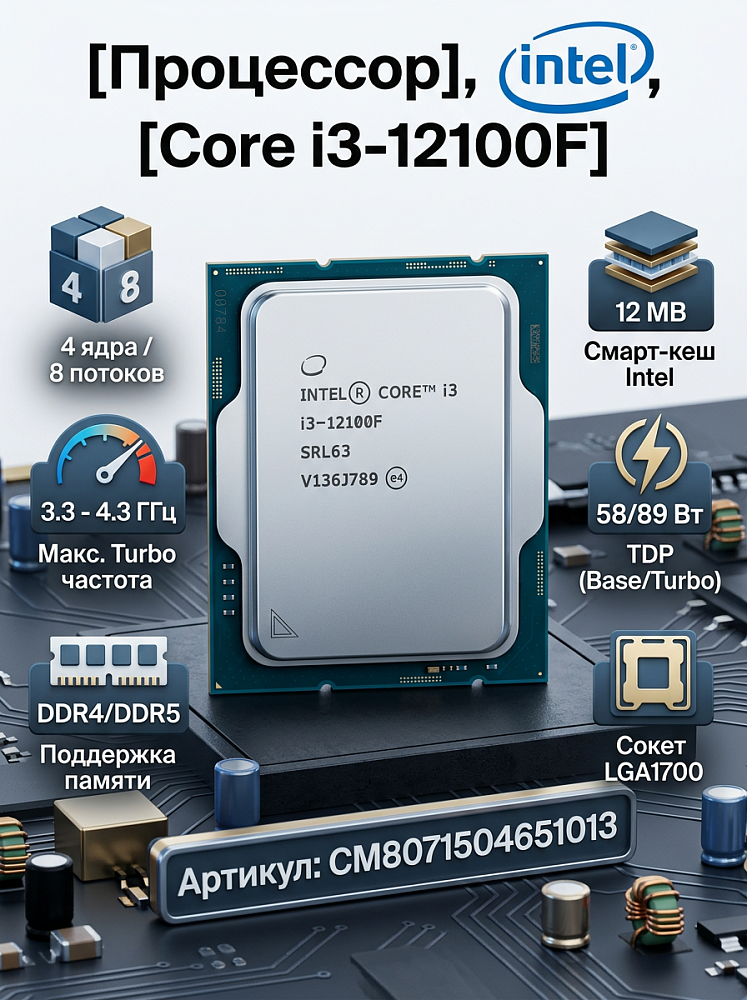 Процессор Intel Core i3-12100F, LGA1700, 4C/8T, 4.3 ГГц, OEM
