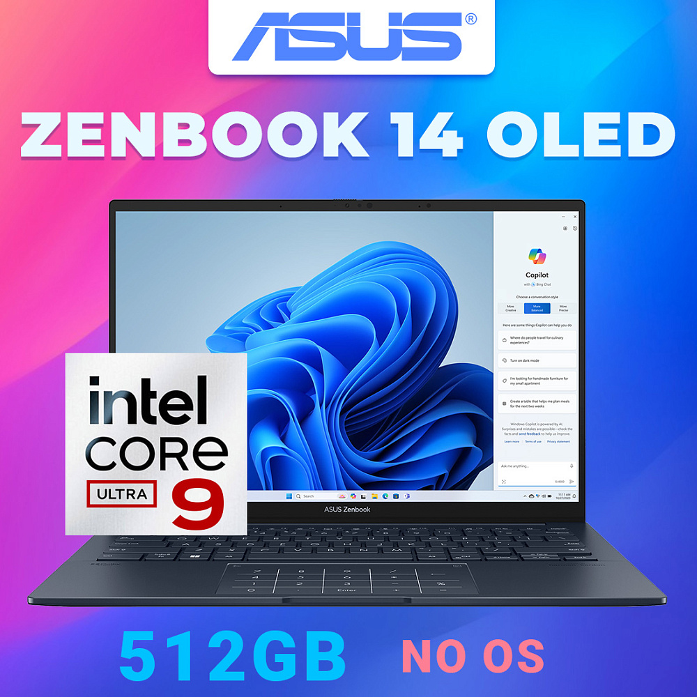 Ноутбук ASUS Zenbook 14 OLED Ponder Blue UX3405MA-QD992 (90NB11R1-M01SU0), Intel Core Ultra 9 185H, 16 ГБ LPDDR5X, 14" Full HD+ OLED, 512 GB SSD PCIe GEN4, NO OS, КЛАВИАТУРА RU/US, гарантия 1 год, ЧЕХОЛ В ПОДАРОК!