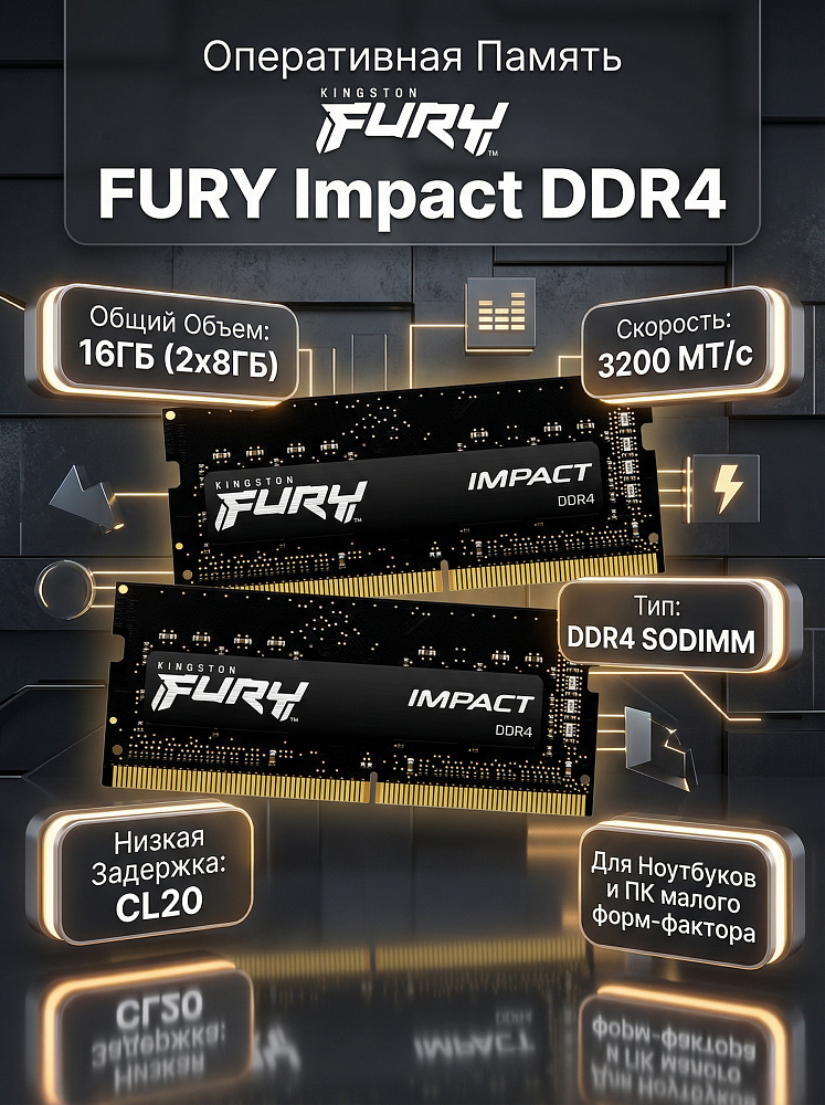 Оперативная память Kingston KF432S20IBK2/16, 16 ГБ (2x8 ГБ), DDR4, 3200 МГц, SO-DIMM, CL20, фото 2