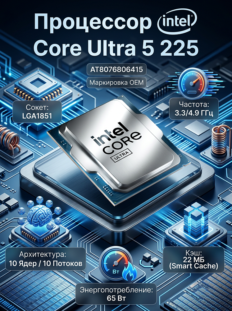 Процессор Intel Core Ultra 5 225, LGA1851, OEM, Arrow Lake