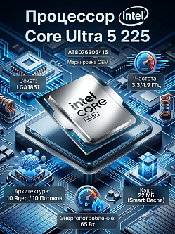 Процессор Intel Core Ultra 5 225 LGA1851, 10C/10T, 3.3/4.9 ГГц, 22 МБ, 65 Вт, OEM