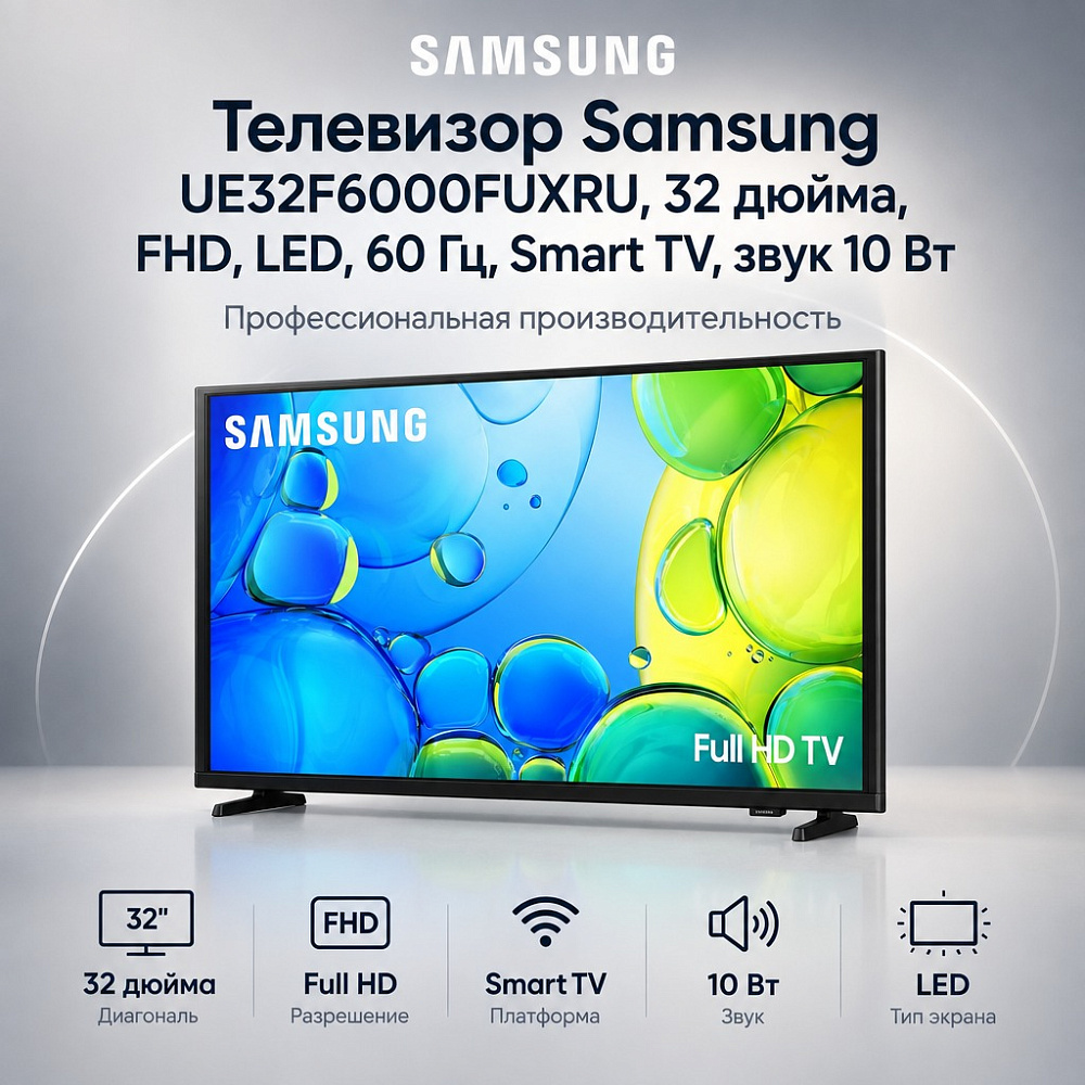 Телевизор Samsung UE32F6000FUXRU, 32 дюйма, FHD, LED, 60 Гц, Smart TV, звук 10 Вт