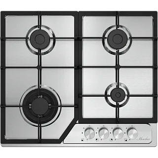 Варочная панель Monsher MSG 63 Acier, газовая, 58 см, 4 конфорки с WOK, газ-контроль, нержавеющая сталь