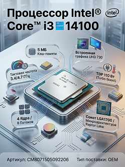 Процессор Intel Core i3-14100 LGA1700, 4C/8T, 3.4/4.7 ГГц, 5 МБ, 110 Вт, UHD Graphics 730, OEM