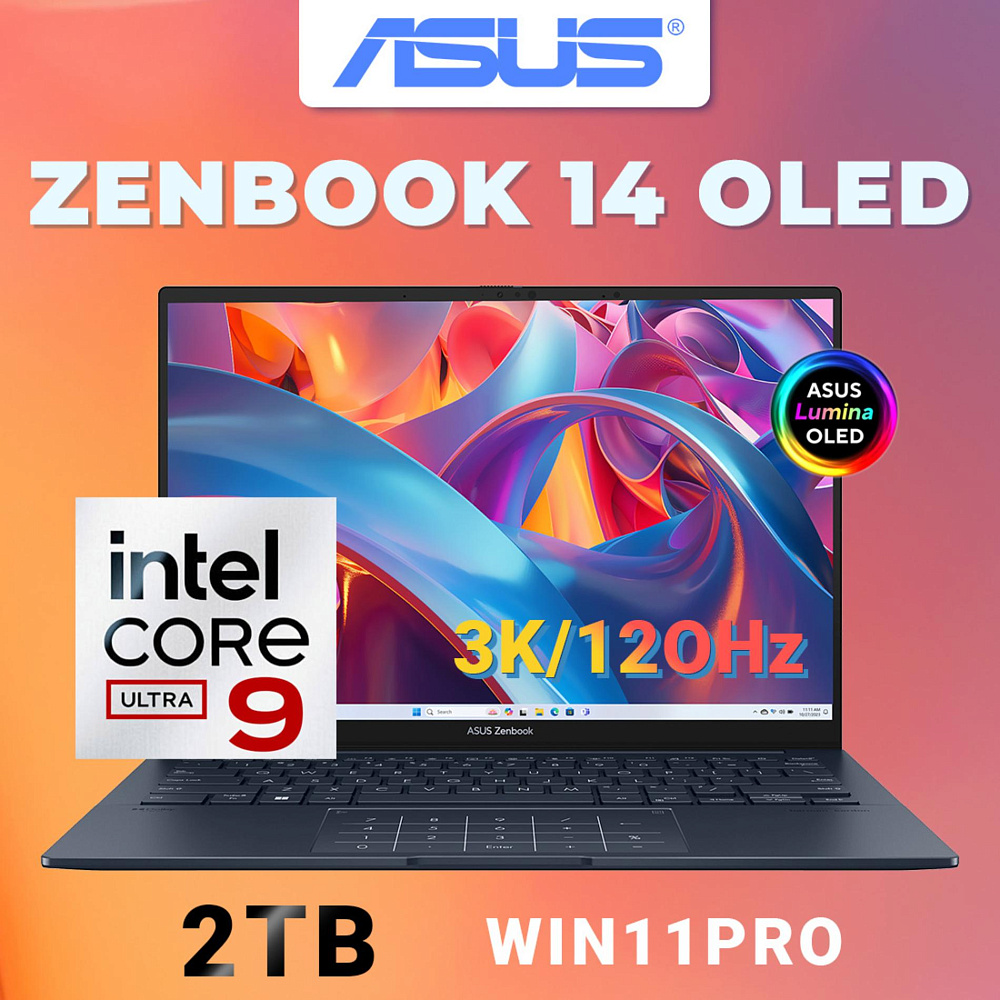 Ноутбук ASUS Zenbook 14 OLED Ponder Blue UX3405MA-PP898 (90NB11R1-M01K50), Intel Core Ultra 9 185H, 16 ГБ LPDDR5X, 14" 3K OLED 120Hz, 2 TB SSD PCIe GEN4, WINDOWS 11 PRO, КЛАВИАТУРА RU/US, гарантия 1 год