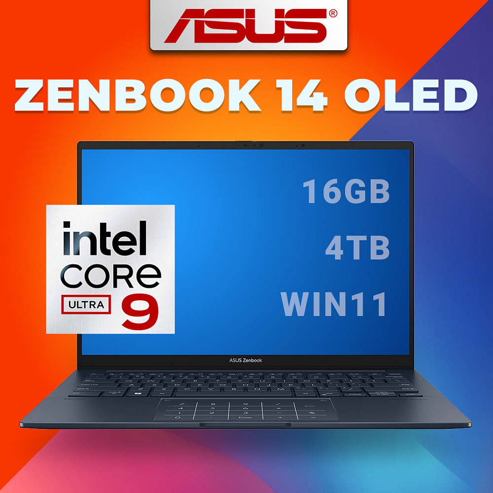 Ноутбук ASUS Zenbook 14 OLED Ponder Blue UX3405MA-QD992 (90NB11R1-M01SU0), Intel Core Ultra 9 185H, 16 ГБ LPDDR5X, 14" Full HD+ OLED, 4TB SSD PCIe GEN4, WINDOWS 11 PRO, КЛАВИАТУРА RU/US, гарантия 1 год, ЧЕХОЛ В ПОДАРОК!