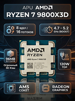 Процессор AMD Ryzen 7 9800X3D, AM5, 8C/16T, 96 МБ, OEM