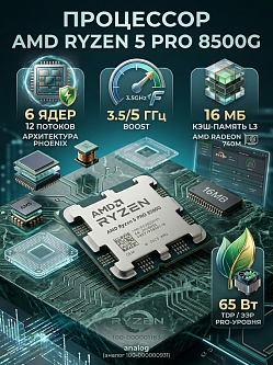 Процессор APU AM5 AMD Ryzen 5 PRO 8500G, 6C/12T, 3.5/5 ГГц, 16 МБ, 65 Вт, AMD Radeon 740M, OEM