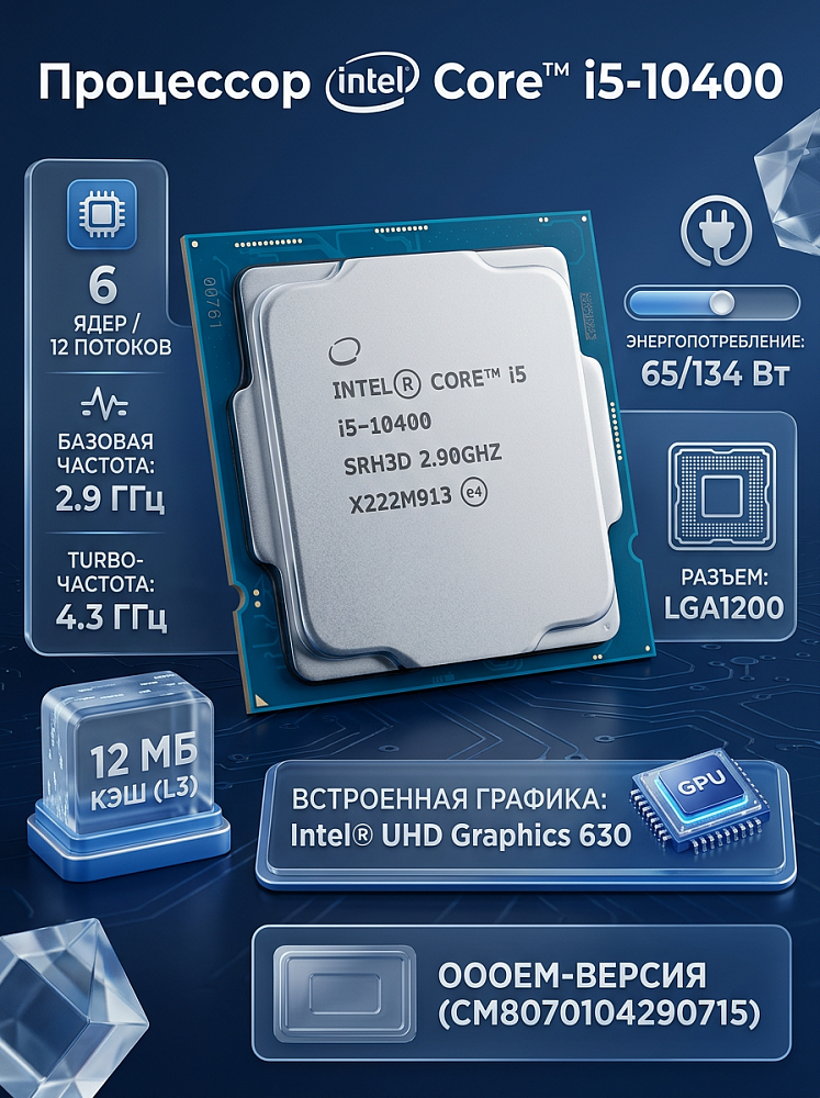 Процессор Intel Core i5-10400, LGA1200, OEM, 6 ядер, 12 потоков, до 4.3 ГГц, Intel UHD Graphics 630, фото 2