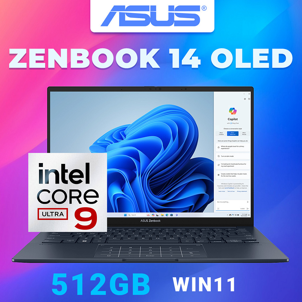 Ноутбук ASUS Zenbook 14 OLED Ponder Blue UX3405MA-QD992 (90NB11R1-M01SU0), Intel Core Ultra 9 185H, 16 ГБ LPDDR5X, 14" Full HD+ OLED, 512 GB SSD PCIe GEN4, WINDOWS 11 PRO, КЛАВИАТУРА RU/US, гарантия 1 год, ЧЕХОЛ В ПОДАРОК!
