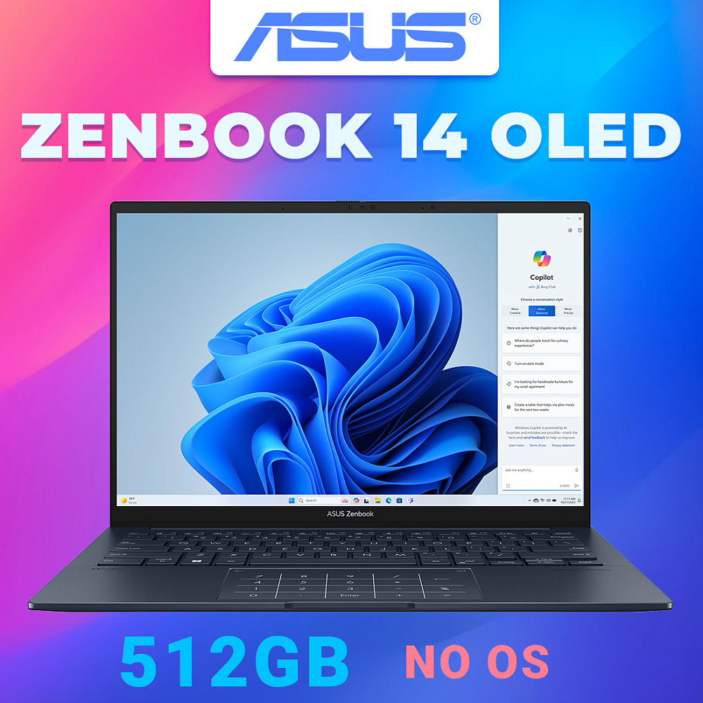 Ноутбук ASUS Zenbook 14 OLED Ponder Blue UX3405MA-QD986 (90NB11R1-M01SL0), Intel Core Ultra 5 125H, 16 ГБ LPDDR5X, 14" Full HD+ OLED, 512 GB SSD PCIe GEN4, NO OS, КЛАВИАТУРА RU/US, гарантия 1 год, ЧЕХОЛ В ПОДАРОК!