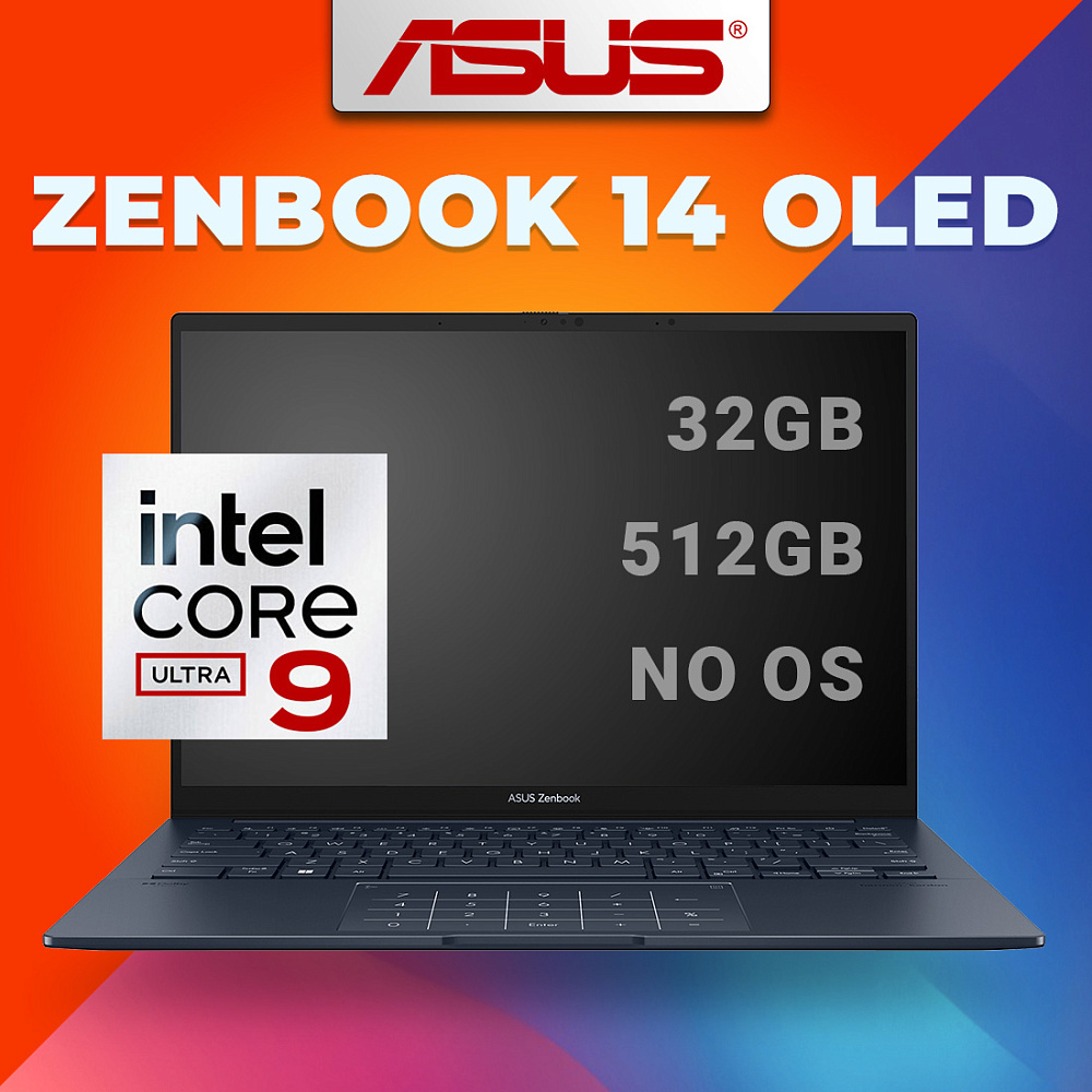 Ноутбук ASUS Zenbook 14 OLED Ponder Blue UX3405MA-QD1016 (90NB11R1-M01UB0), Intel Core Ultra 9 185H, 32 ГБ LPDDR5X, 14" Full HD+ OLED, 512 GB SSD PCIe GEN4, NO OS, КЛАВИАТУРА RU/US, гарантия 1 год, ЧЕХОЛ В ПОДАРОК!
