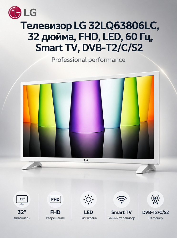Телевизор LG 32LQ63806LC, 32 дюйма, FHD, LED, 60 Гц, Smart TV, DVB-T2/C/S2